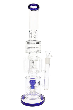 19″ clear straight tube recycler bong with color-trimmed base, central perc, ice pinch, GoG female joint, and matching bowl.