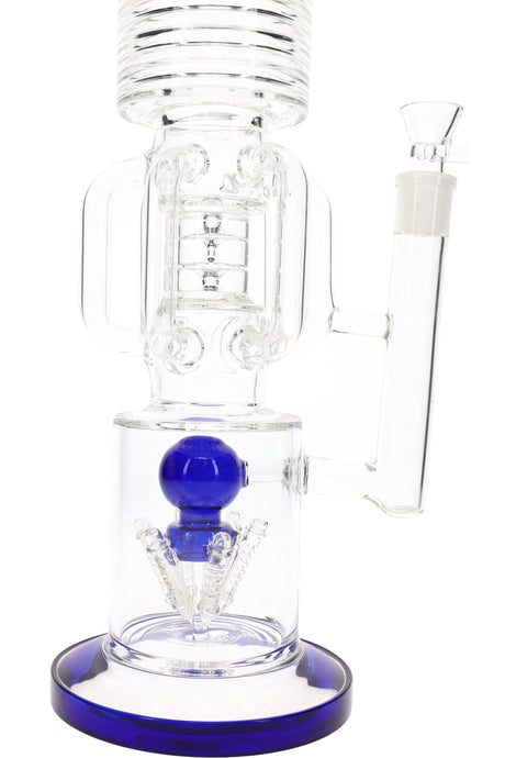 Close-up of recycler section and lower chamber perc on a 19″ straight tube glass bong with color accents and GoG joint.