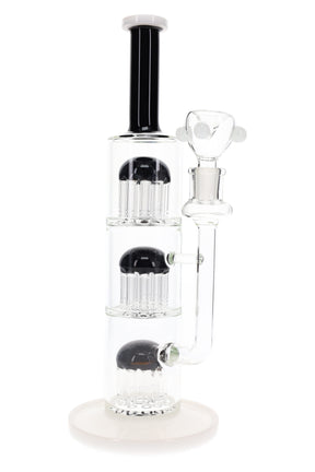 Black-and-white 13″ straight tube bong showing three stacked tree percs and included glass herb bowl.