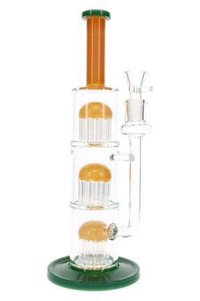 Orange-accent straight tube bong, 13″, with triple tree percs and matching color dome sections on a green base.