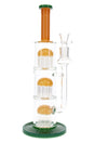 Orange-accent straight tube bong, 13″, with triple tree percs and matching color dome sections on a green base.