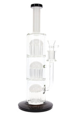 White-accent straight tube water pipe, 13″, featuring three tree percs and a clear glass bowl on a sturdy base.