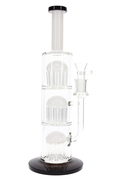 White-accent straight tube water pipe, 13″, featuring three tree percs and a clear glass bowl on a sturdy base.