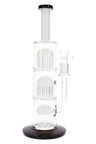 White-accent straight tube water pipe, 13″, featuring three tree percs and a clear glass bowl on a sturdy base.