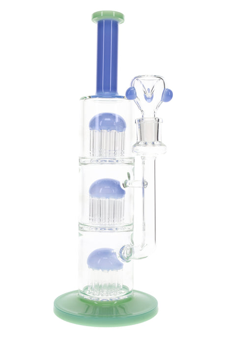 Blue-accent 13″ straight tube bong highlighting triple tree percs and GoG joint with matching handled bowl.
