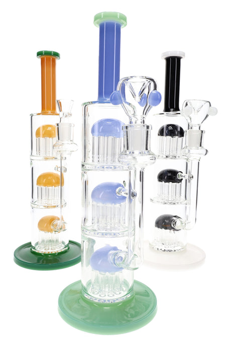 Group of colorful 13″ straight tube bongs with triple tree percs, GoG joints, and wide color-trimmed bases.