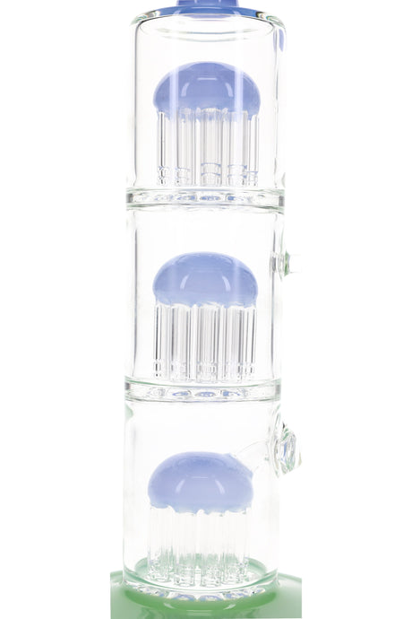 Close-up of stacked tree percs on a 13″ straight tube bong with color domes and slotted arms for diffusion.