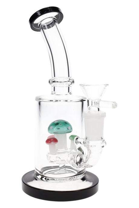 Compact 7″ stemless straight tube bong with mushroom perc, angled neck, GoG joint, and black-trimmed base and mouthpiece.