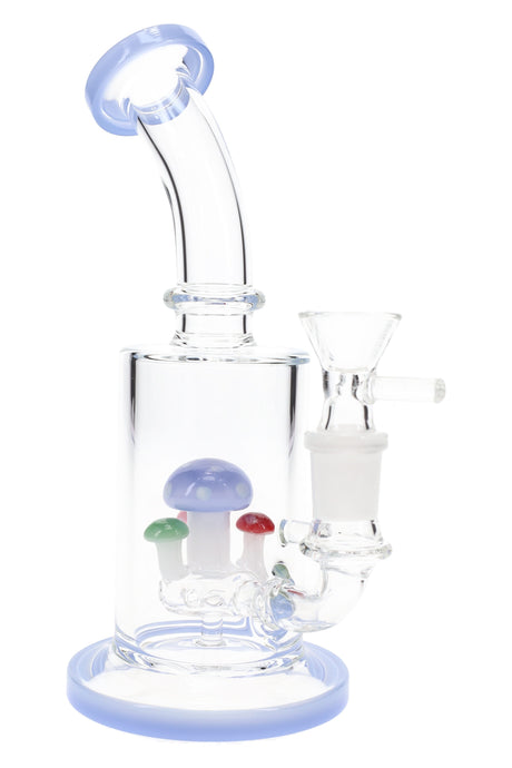7″ glass straight tube bong with blue accents showing mushroom perc, glass bowl, and color-trimmed foot.