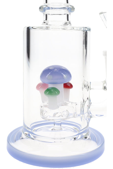 Close-up of multi-color mushroom perc inside a 7″ stemless straight shooter with wide, stable base.