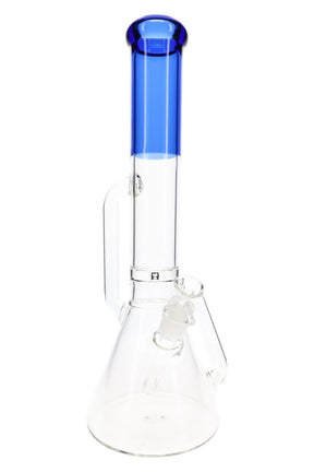 Blue-accent 16″ recycler beaker bong showing clear beaker base, GoG downstem joint, and flared mouthpiece.