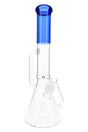 Blue-accent 16″ recycler beaker bong showing clear beaker base, GoG downstem joint, and flared mouthpiece.