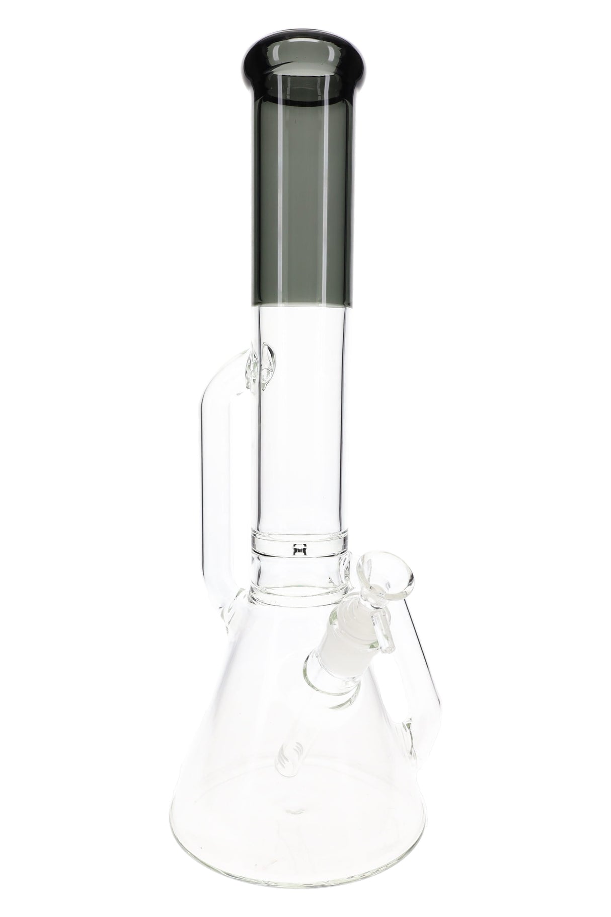 Charcoal-accent recycler beaker bong, 16″, with scientific beaker base, angled GoG joint, and sturdy color-trimmed mouthpiece.
