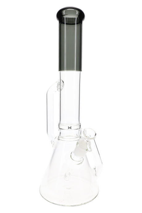 Charcoal-accent recycler beaker bong, 16″, with scientific beaker base, angled GoG joint, and sturdy color-trimmed mouthpiece.