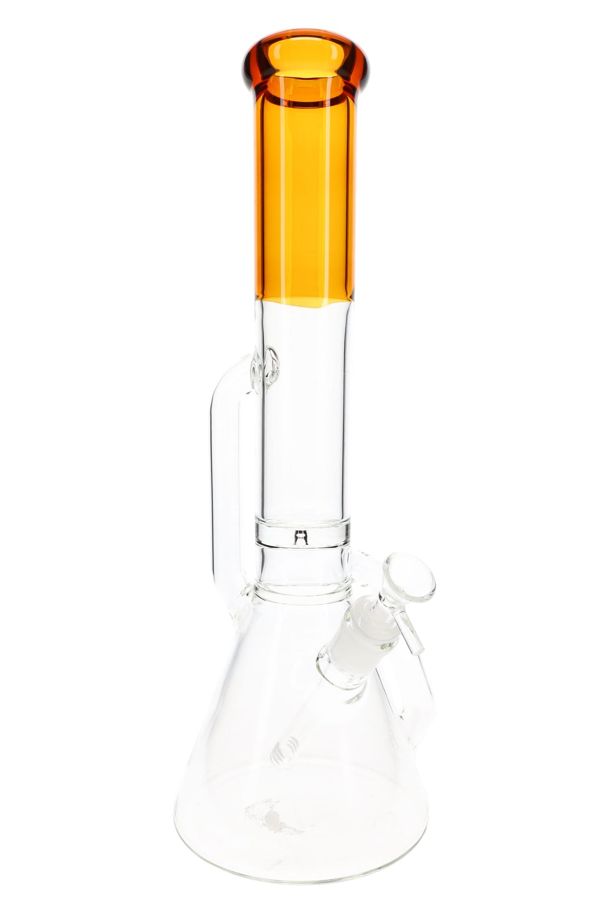 Amber-accent 16″ recycler beaker bong with beaker base, clear body, and included glass herb bowl.