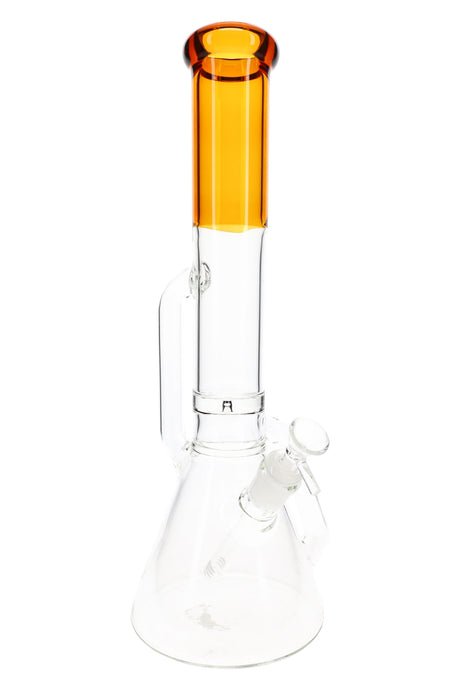 Amber-accent 16″ recycler beaker bong with beaker base, clear body, and included glass herb bowl.
