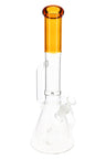 Amber-accent 16″ recycler beaker bong with beaker base, clear body, and included glass herb bowl.