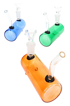 Compact 4½″ colored glass barrel bong with angled mouthpiece and 14.5 mm female joint; matching bowl included; assorted colors, ~125 g.