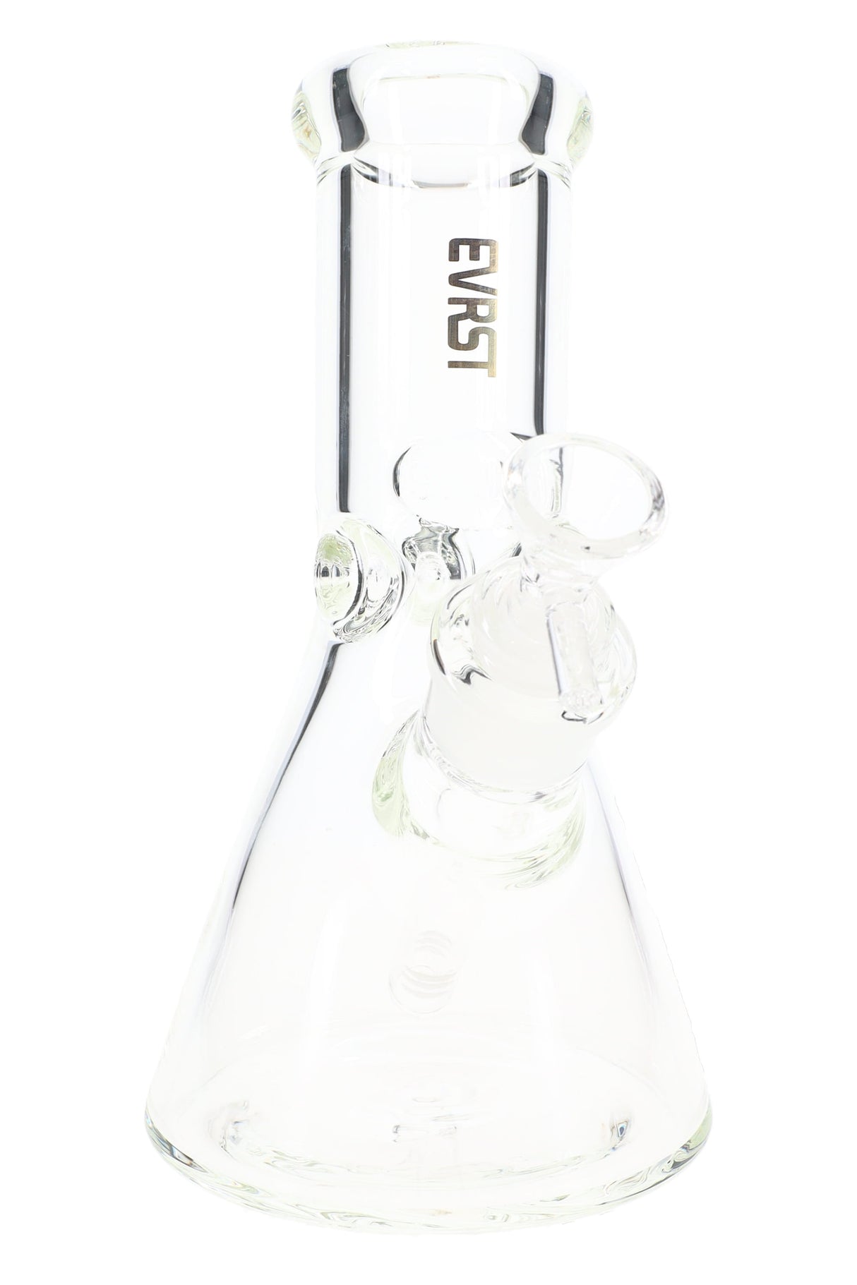 Clear EVRST 8.5 inch 9 mm thick glass beaker bong with ice pinch and 18.8 mm GoG joint, shown empty against a white background