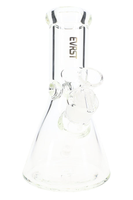 Clear EVRST 8.5 inch 9 mm thick glass beaker bong with ice pinch and 18.8 mm GoG joint, shown empty against a white background
