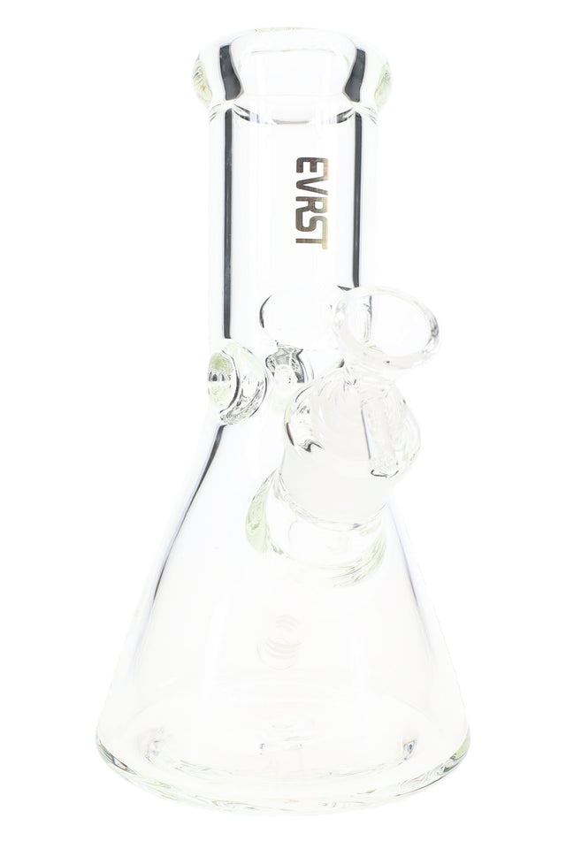 Clear EVRST 8.5 inch 9 mm thick glass beaker bong with ice pinch and 18.8 mm GoG joint, shown empty against a white background