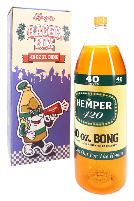 Hemper Forty Ounce XL bottle-style glass bong beside colorful Rager Box packaging, shown upright on clean white backdrop.