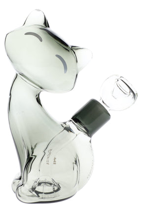 Smoky gray Hemper Alley Cats 6-inch cat-shaped glass bong with clear 14.5 mm bowl angled forward on a bright white background.