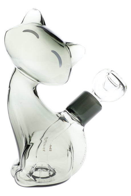 Smoky gray Hemper Alley Cats 6-inch cat-shaped glass bong with clear 14.5 mm bowl angled forward on a bright white background.