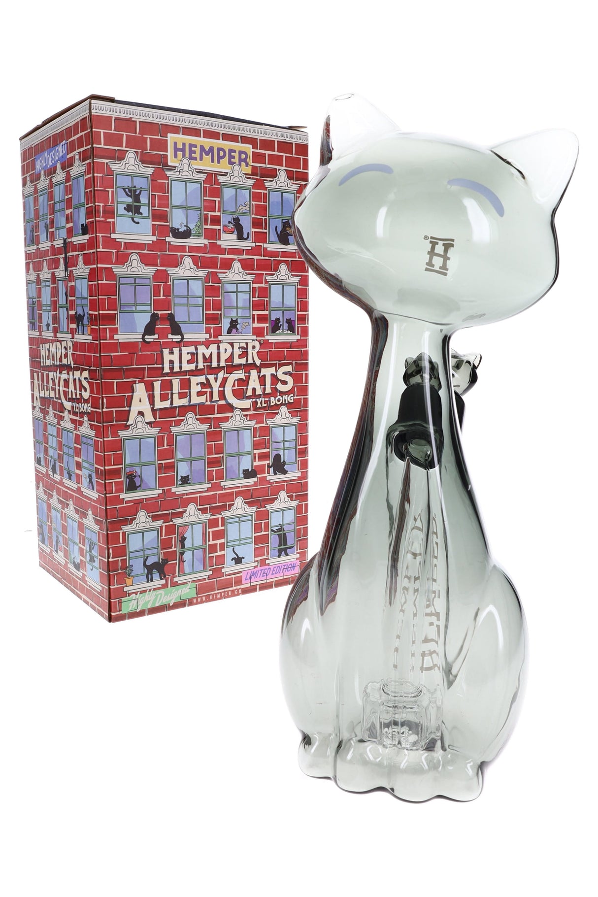 Smoky gray Hemper Alley Cats XL 9.5-inch cat bong posed beside red brick Alley Cats XL box on a clean white backdrop.