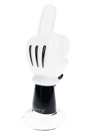 White Hemper High Jinx cartoon hand glass bong shaped like a middle finger on black base with clear foot on white background.