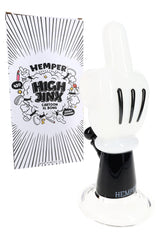 Hemper High Jinx Cartoon Hand XL glass bong standing beside comic-style High Jinx box, ready for display on bright white backdrop.