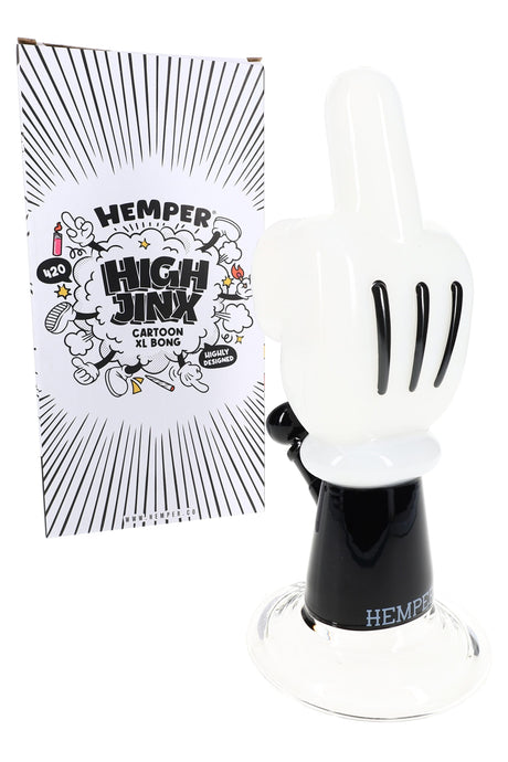 Hemper High Jinx Cartoon Hand XL glass bong standing beside comic-style High Jinx box, ready for display on bright white backdrop.