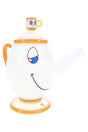 Opaque white Hemper Tea Pot XL 8″ glass bong with golden base, handle and long spout mouthpiece on a bright white background.