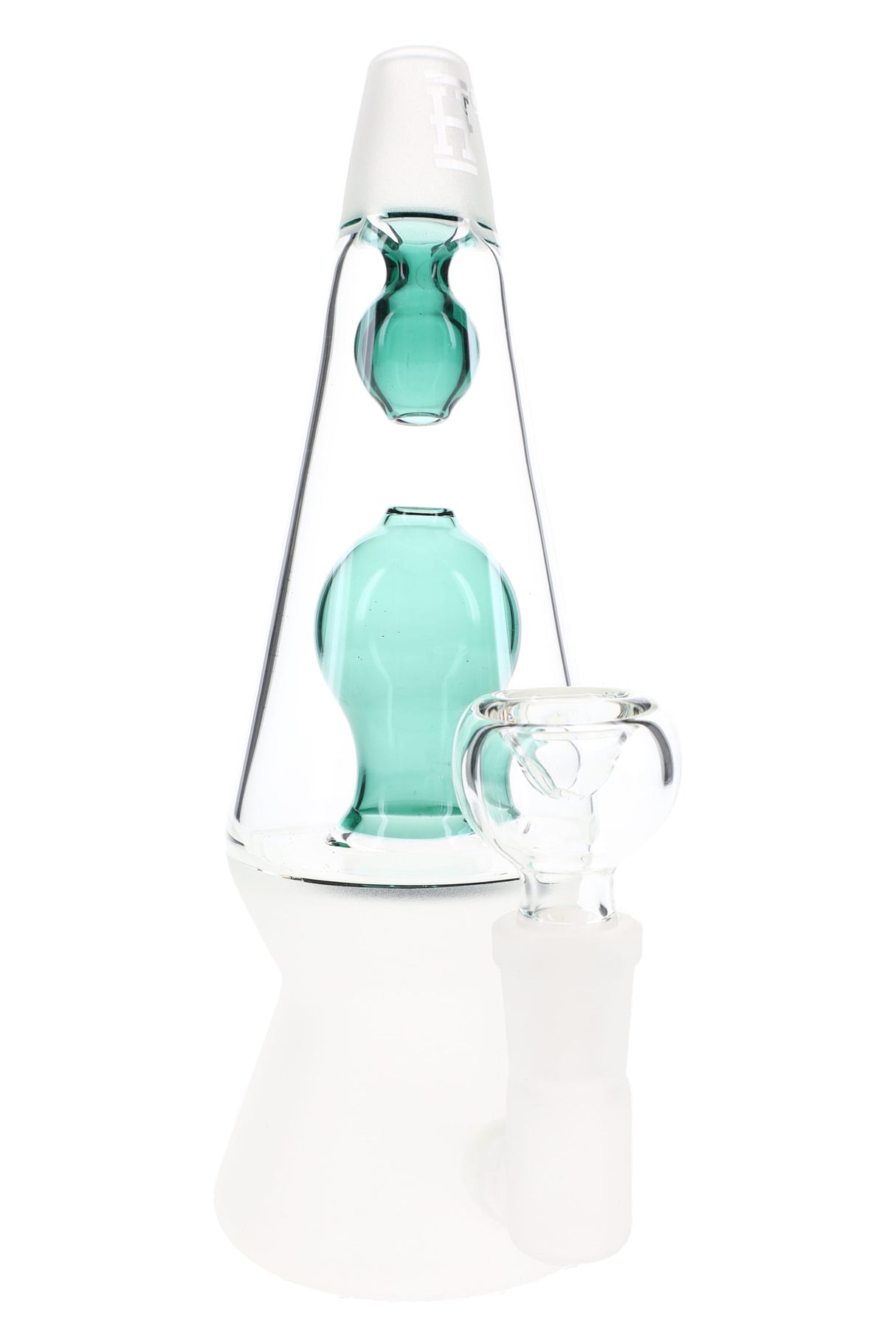 Teal Hemper That 70’s 7-inch lava lamp glass bong with frosted cone base and clear 14.5 mm herb bowl, upright on white background.