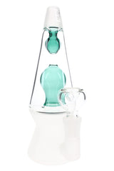 Teal Hemper That 70’s 7-inch lava lamp glass bong with frosted cone base and clear 14.5 mm herb bowl, upright on white background.