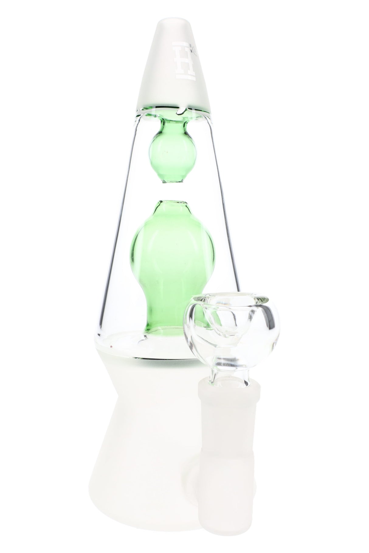 Green Hemper That 70’s lava lamp glass bong standing on frosted base with matching inner chamber and clear herb bowl on white.