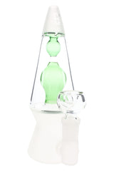Green Hemper That 70’s lava lamp glass bong standing on frosted base with matching inner chamber and clear herb bowl on white.
