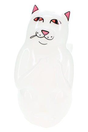 Close-up front view of High Nermal white cat bong with pink ears, red eyes and jointed tail bowl detail on clean white studio backdrop.