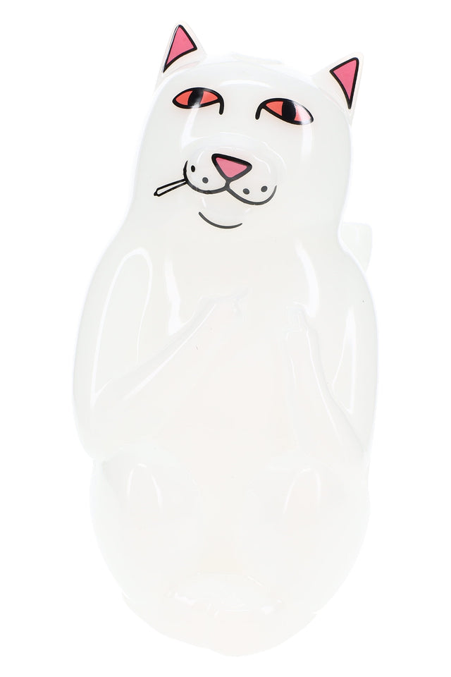 Close-up front view of High Nermal white cat bong with pink ears, red eyes and jointed tail bowl detail on clean white studio backdrop.
