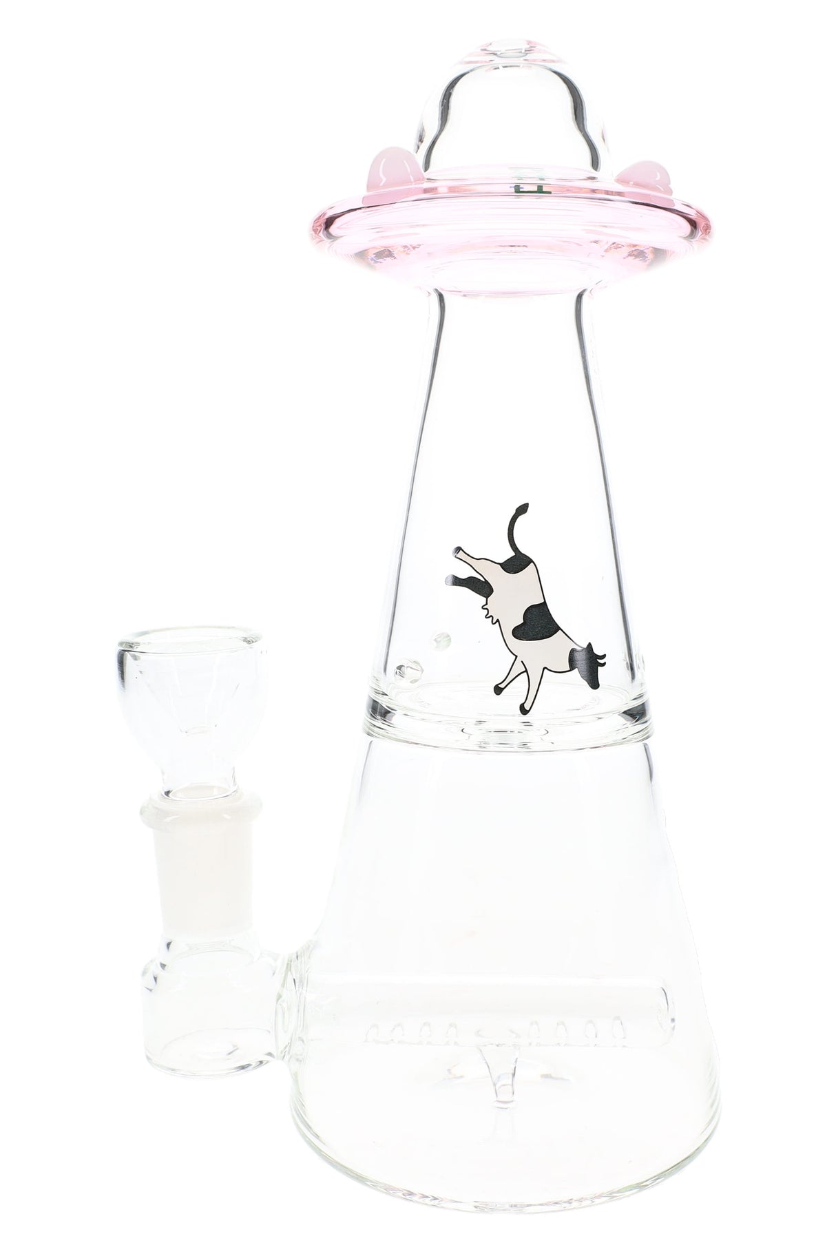 Pink-saucer Hemper UFO Vortex 6″ glass bong with clear beaker base, cow decal, inline perc and side-mounted 14.5 mm herb bowl slide.