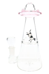 Pink-saucer Hemper UFO Vortex 6″ glass bong with clear beaker base, cow decal, inline perc and side-mounted 14.5 mm herb bowl slide.