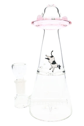 Pink-saucer Hemper UFO Vortex 6″ glass bong with clear beaker base, cow decal, inline perc and side-mounted 14.5 mm herb bowl slide.