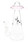 Pink-saucer Hemper UFO Vortex 6″ glass bong with clear beaker base, cow decal, inline perc and side-mounted 14.5 mm herb bowl slide.
