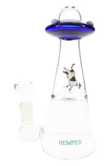 Blue UFO Vortex glass bong from Hemper showing tall conical chamber, cow abduction art, inline perc and clear 14.5 mm flower bowl.