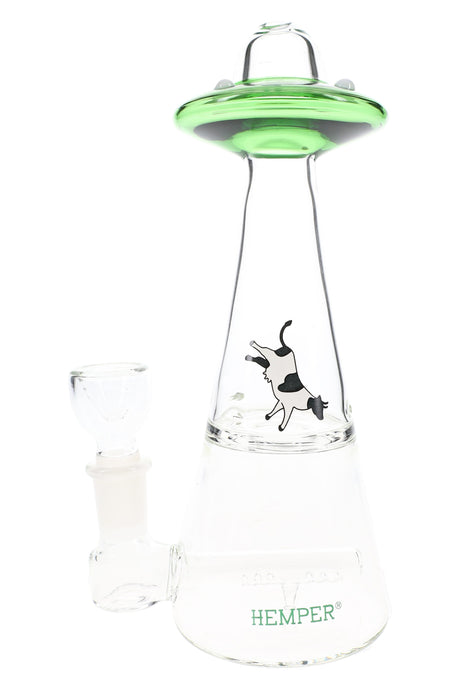 Green-top Hemper UFO Vortex novelty glass bong with dual chambers, cow decal and fixed 14.5 mm joint with rounded herb bowl.