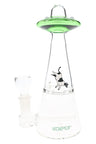 Green-top Hemper UFO Vortex novelty glass bong with dual chambers, cow decal and fixed 14.5 mm joint with rounded herb bowl.