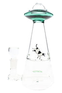 Teal-saucer Hemper UFO Vortex glass bong highlighting venturi inlets, tapered cone body and clear base ready for water filtration.