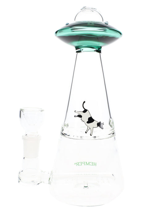 Teal-saucer Hemper UFO Vortex glass bong highlighting venturi inlets, tapered cone body and clear base ready for water filtration.