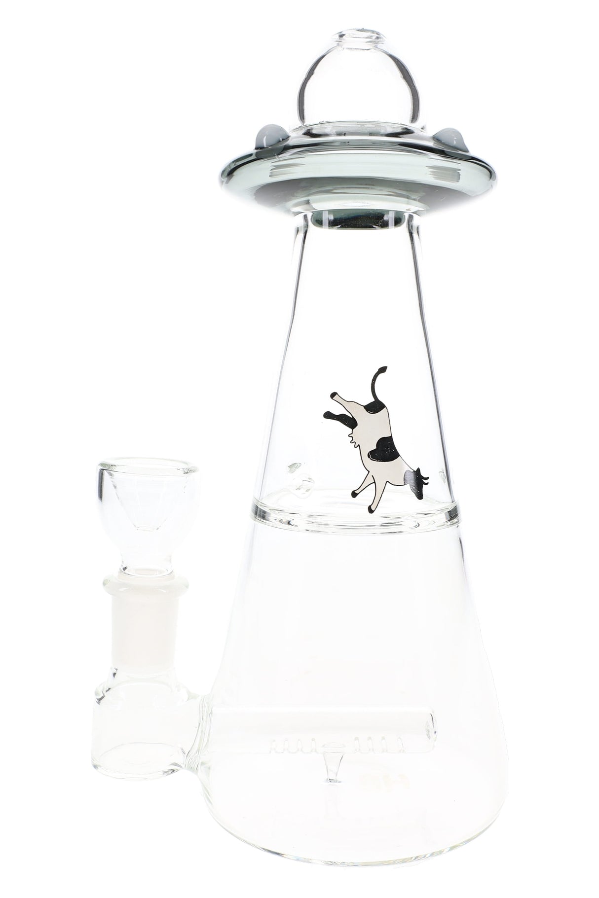 Transparent gray Hemper UFO Vortex glass bong angled to show stemless joint, inline perc chamber and levitating cow illustration.