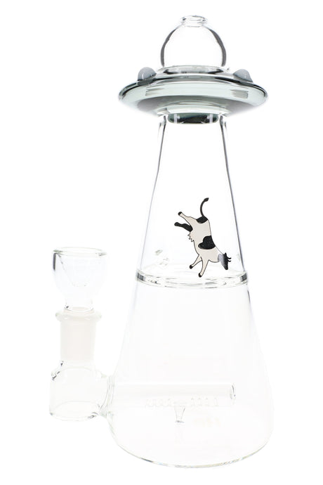Transparent gray Hemper UFO Vortex glass bong angled to show stemless joint, inline perc chamber and levitating cow illustration.